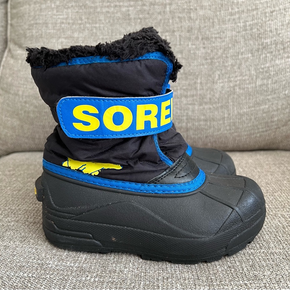 Kid’s Sorel Winter Snow Boots Toddler Boy 12 Black Blue Yellow Faux Fur - Picture 2 of 12
